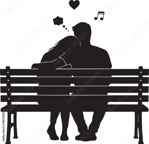 Black silhouette of couple sitting on a bench with heart music symbols