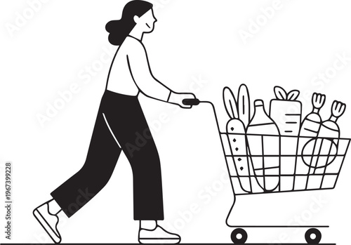 Woman pushing shopping cart filled with groceries black and white line art illustration of daily chore and retail consumer lifestyle style