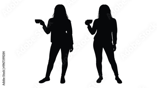 Two women silhouetted each holding a mobile phone facing slightly different angles