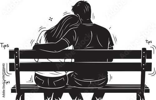 Black silhouette of couple sitting on bench with arms around each other