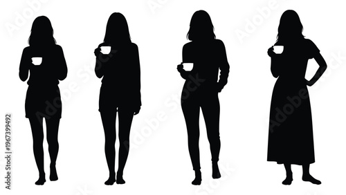 Four women in silhouette holding cups showcasing different dress styles
