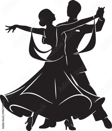 Black silhouette of dancing couple in ballroom dance pose