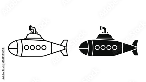 Two stylized submarines depicted in contrasting line art styles