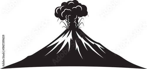 Black silhouette of erupting volcano with smoke and ash