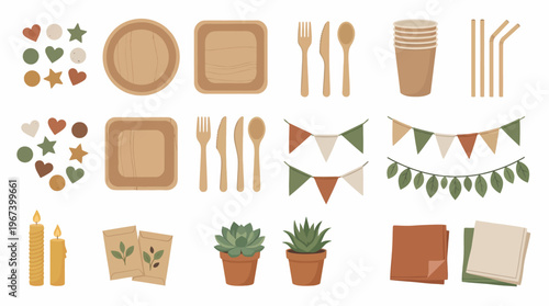 Party Supplies and Decorations on White Background.