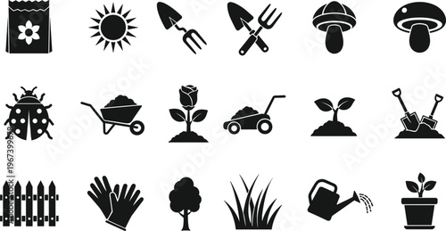 Gardening Icons Set Featuring Tools, Plants, Soil, Bugs, Gloves, and Garden Decorations for Landscaping and Horticulture