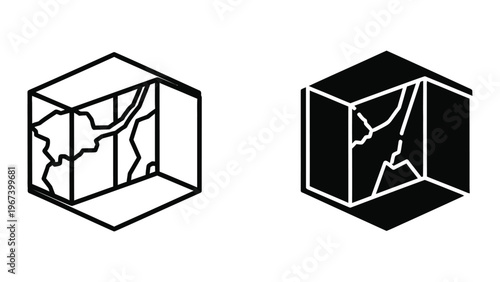 Cracked cube representations showing geographic boundaries and abstract fractures