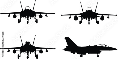 Four black silhouette of modern fighter jets in various flight and landing poses on a white background