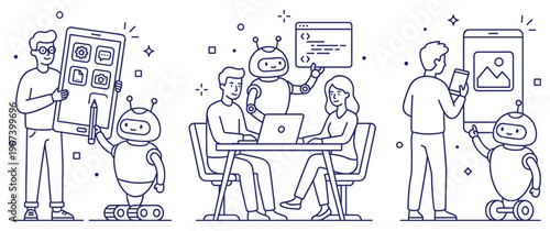 Robots and people working together in technology development.