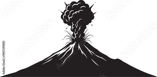 Black silhouette of erupting volcano with smoke and ash