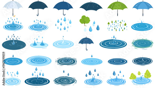 Umbrella Rain Drops Water Graphic Elements.