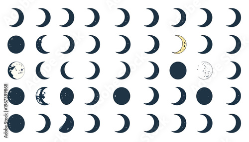 Phases of the Moon in Grid Pattern.