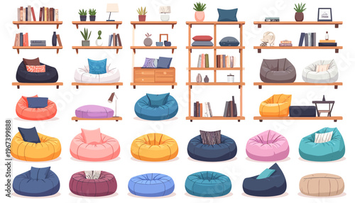 Colorful Bean Bags and Pillows on Shelves.