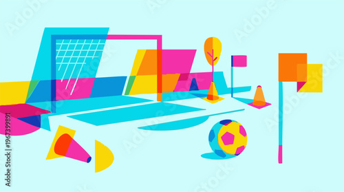 Vibrant abstract illustration of sports equipment and soccer field elements