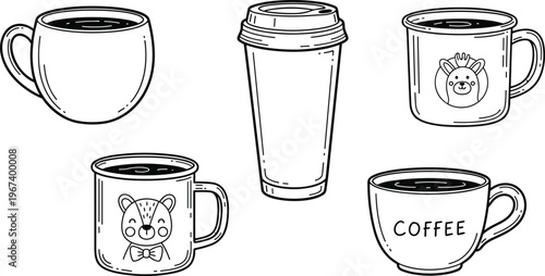 Cute Coffee Mug Icon Set Featuring Animal Cups, Travel Mugs, and Coffee Cup Designs for Beverage, Café, and Drink Illustrations