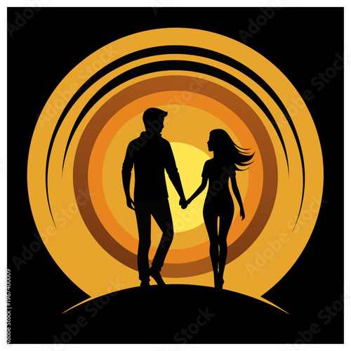 Silhouette of a loving couple holding hands standing in front of a vibrant orange sun, symbolizing love and unity.