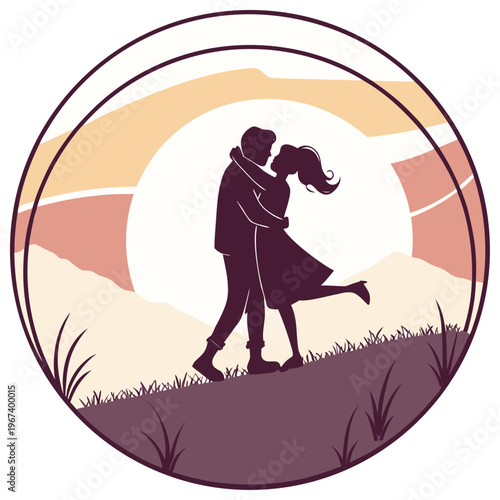 Silhouette of a loving couple embracing and kissing, set against a stunning sunset backdrop with hills and mountains in a serene circular vector graphic illustration.