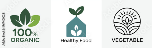 Organic Healthy Food Vegetable Green Eco Labels Icons Set Natural Farm Badge Collection