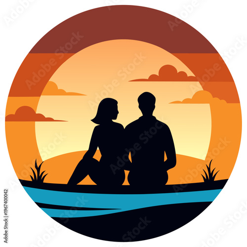 A romantic vector graphic illustration of a couple sitting together on the beach watching a serene sunset with a warm golden sky and gentle clouds.