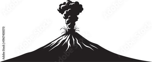 Black silhouette of erupting volcano with smoke eruption
