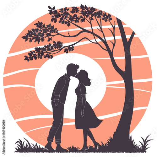A romantic couple shares a tender kiss under a tree at sunset in this vector graphic illustration, with a peach and orange background and a silhouette of the lovers and tree.