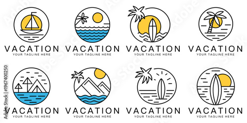 Vacation Travel Logo Set Beach Mountain Nature Badge Vector Collection