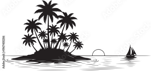 Black silhouette of island with palm trees and sailboat on water