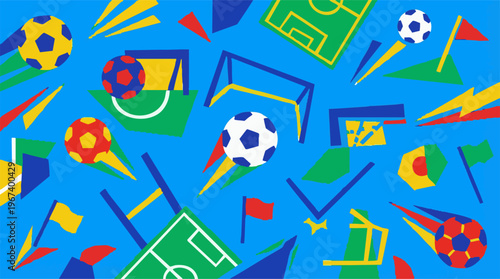 Abstract soccer pattern with colorful balls, goals, and fields on blue background