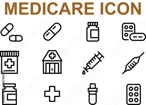 Set of modern line style medicare icons on white background  medical symbols