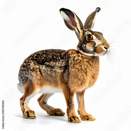Detailed studio portrait of a brown wild hare standing on a white background, showcasing intricate fur textures, long black-tipped ears, alert amber eyes, and powerful legs.