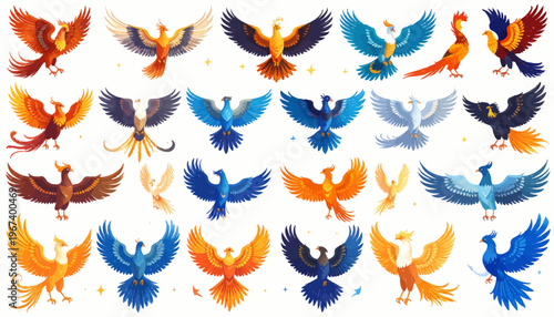 Colorful Birds in Flight Illustration Set.