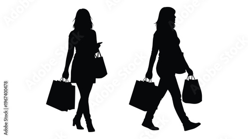 Two silhouettes of women walking each carrying shopping bags against a white background