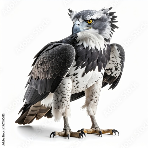 Full body studio portrait of a Harpy Eagle standing on a white background, featuring highly detailed grey and white plumage, sharp yellow eyes, a hooked beak, and powerful talons.