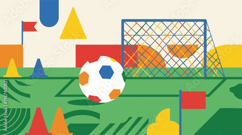 Geometric soccer field with ball, goal, and training elements