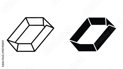 Comparison of a wireframe and solid 3d geometric shape resembling a truncated prism
