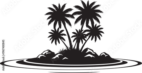 Black silhouette of palm trees on small island white