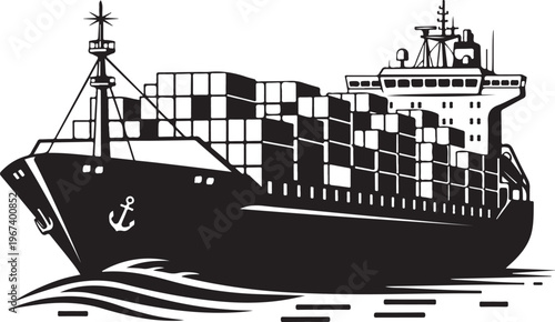 Modern cargo container ship vector illustration on ocean waves for shipping and logistics design