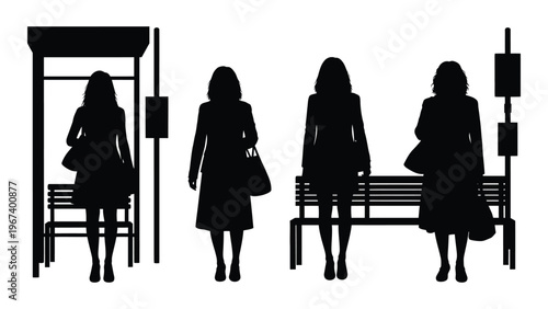 Four women stand and sit silhouetted at a bus stop awaiting transportation