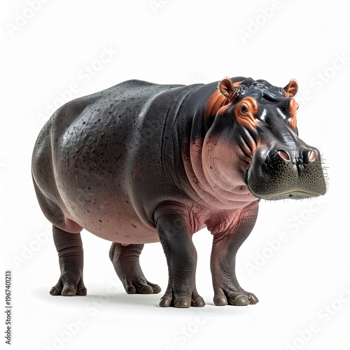 Highly detailed studio photograph of a common hippopotamus standing on a solid white background, isolated full body view showcasing wet textured grey skin, pink folds, and stout limbs.