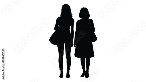 Silhouettes of two women standing closely together holding bags high quality