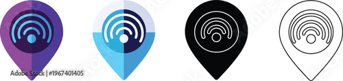 Modern set of location pin icons with wireless signal featuring polygonal gradient and outline styles ideal for network mapping and smart city applications