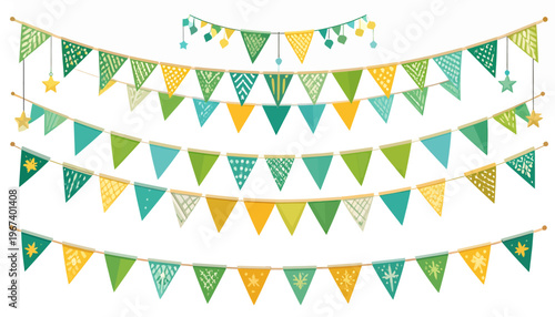 Colorful Triangular Bunting Flags on Strings.