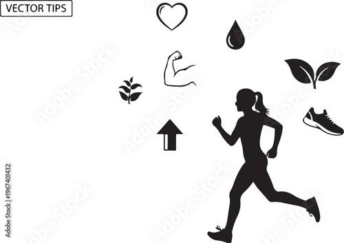 Black silhouette of woman running surrounded by fitness