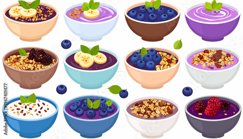 Colorful Bowls of Cereal and Fruit.