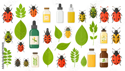Ladybugs and Insect Repellent Bottles Illustration.