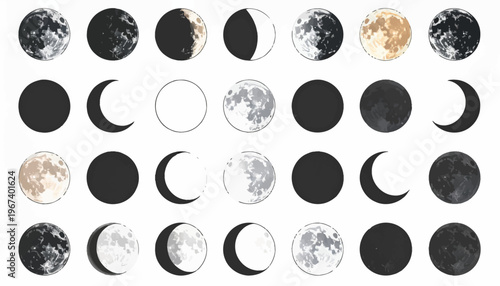 Moon Phases Illustration Set with Various Stages.