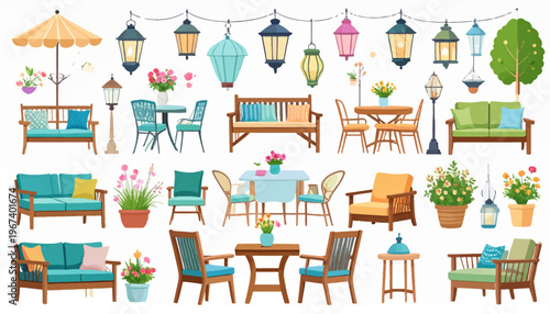 Patio Furniture Set with Lanterns and Plants.