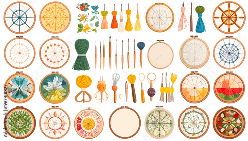 Embroidery Hoops with Various Designs and Tools.