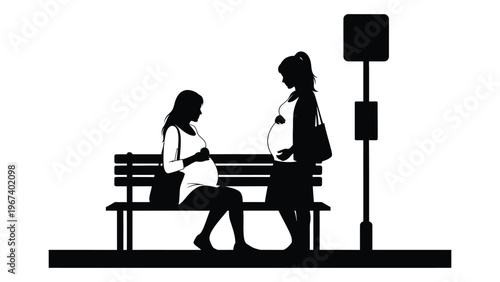 A silhouette depicts two pregnant women seated on a park bench in conversation