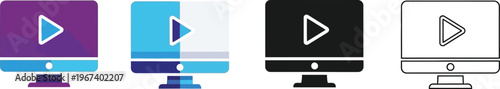 Set of computer monitor icons with play buttons featuring flat vector design in various colors ideal for video streaming and multimedia applications